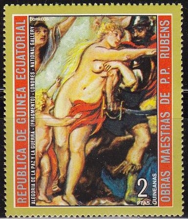 Guinea Ecuatorial 1973 Michel 286 Sello Pintura Pedro Pablo Rubens Alegoria de la Paz y la Guerra Mujeres Desnudas Matasello de favor Preobliterado 